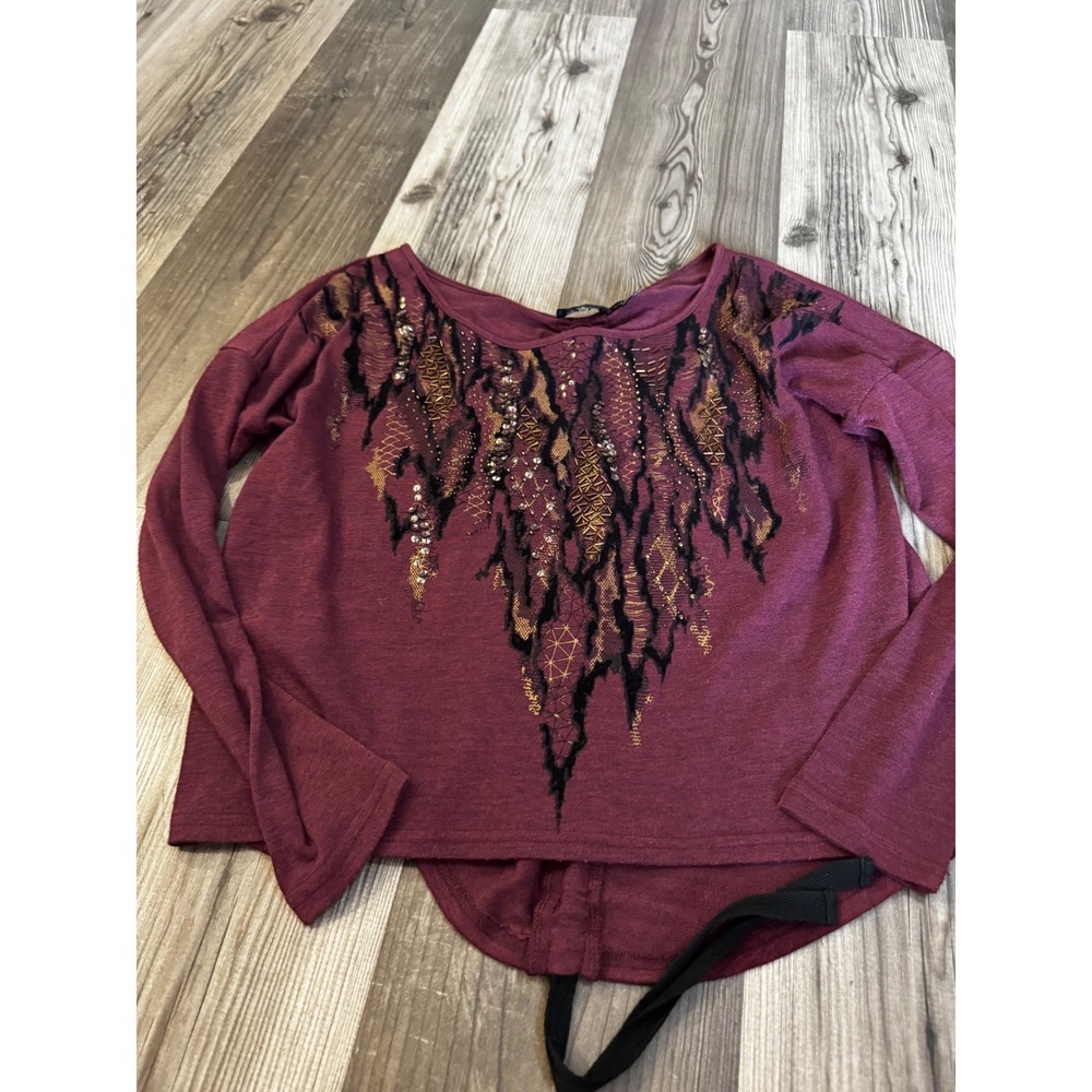 Miss Me Womens Embellished Long Sleeve Top Burgundy Ruched Back Sequin Size S